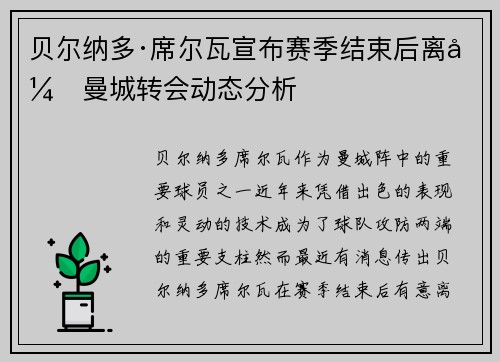 贝尔纳多·席尔瓦宣布赛季结束后离开曼城转会动态分析 贝尔纳多·席尔瓦宣布赛季结束后离开曼城转会动态分析