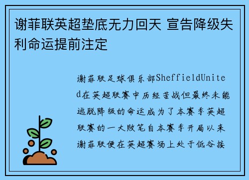 谢菲联英超垫底无力回天 宣告降级失利命运提前注定 谢菲联英超垫底无力回天 宣告降级失利命运提前注定